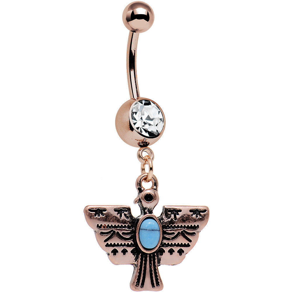Clear Gem Faux Turquoise Rose Gold Plated Totem Bird Dangle Belly Ring