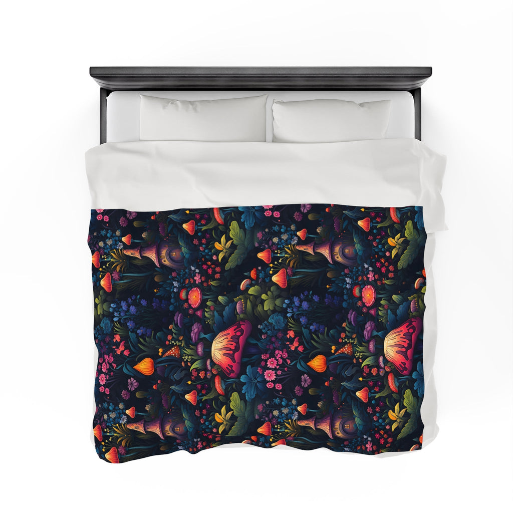 Fairy Tale Magical Forest With Colorful Mushrooms Velveteen Plush Blanket