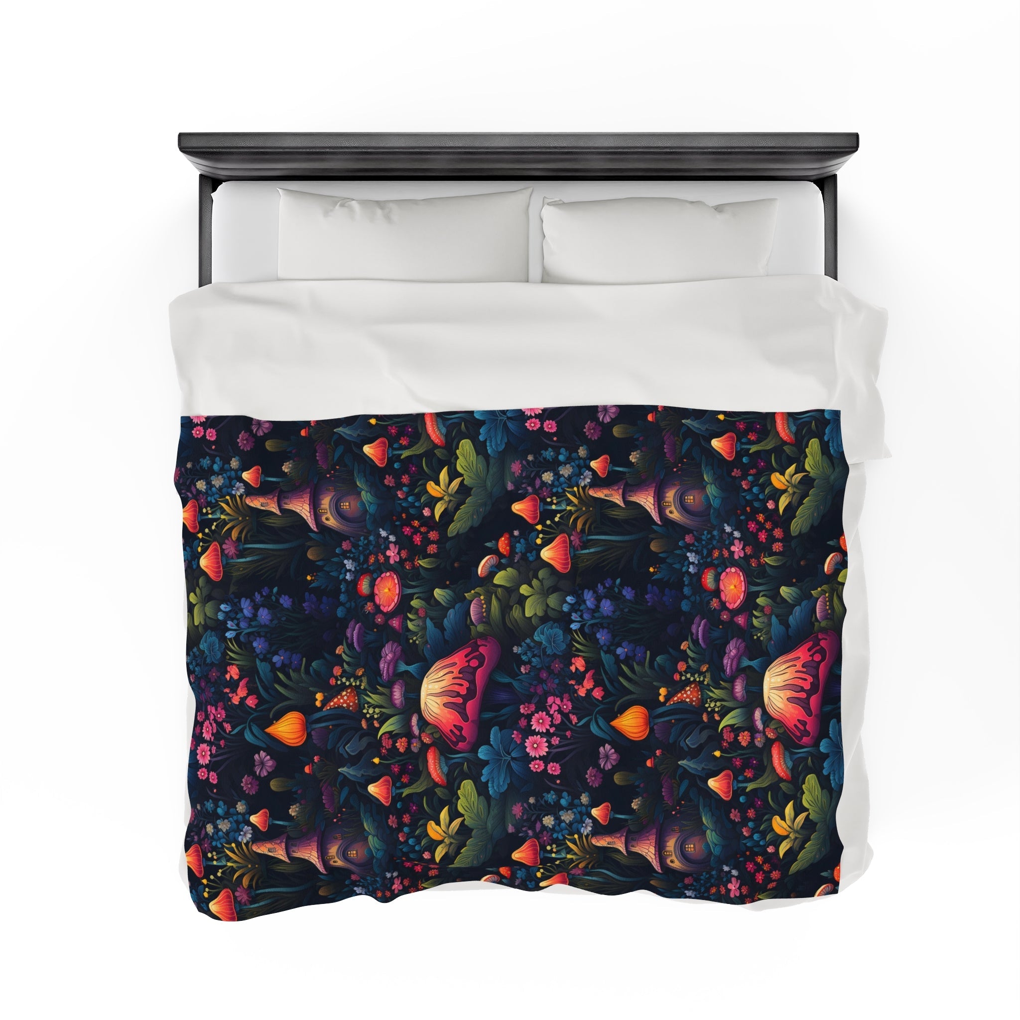 Fairy Tale Magical Forest With Colorful Mushrooms Velveteen Plush Blanket