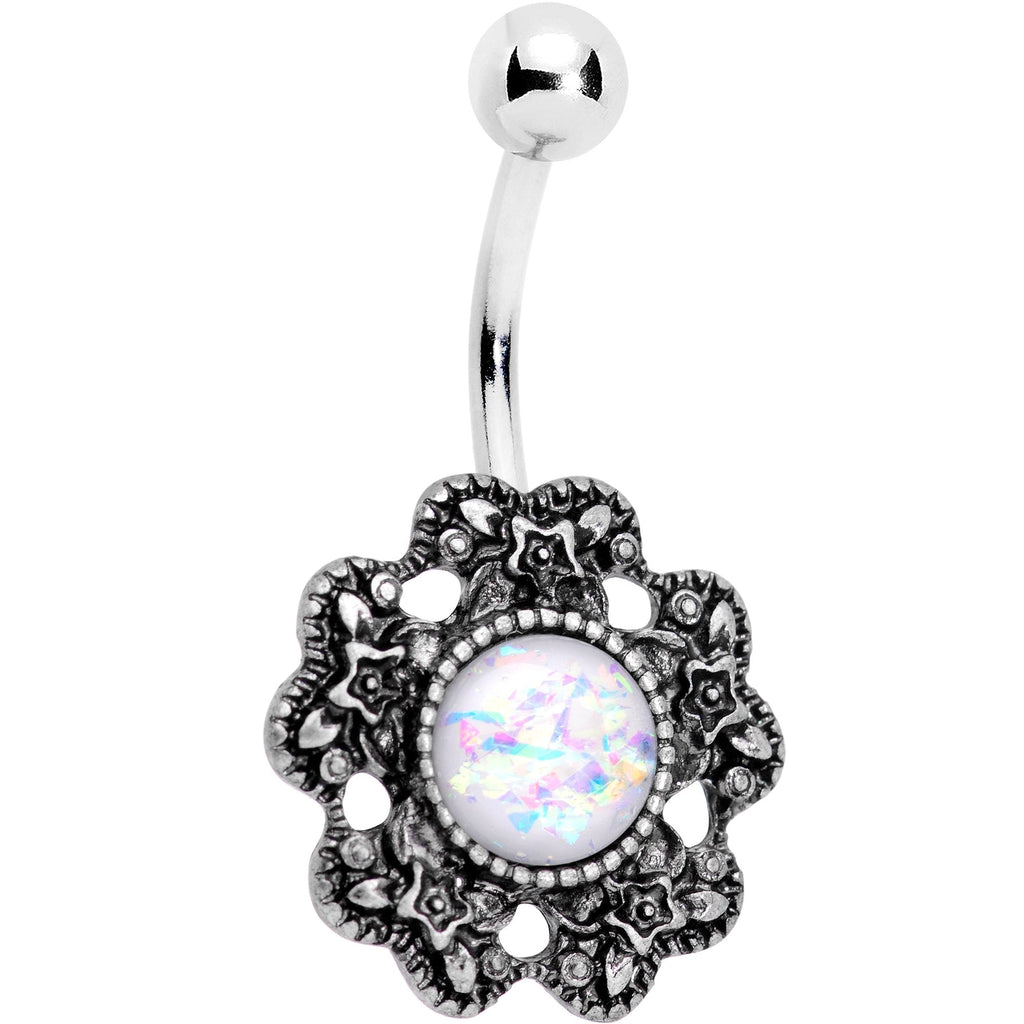 White Faux Opal Forget Me Never Flower Belly Ring