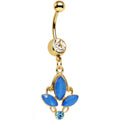 Clear Blue Gem Gold PVD Fleur de Lis Dangle Belly Ring