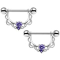 14G 5/8 Purple CZ Gem Steel Scalloped Dangle Nipple Ring Set