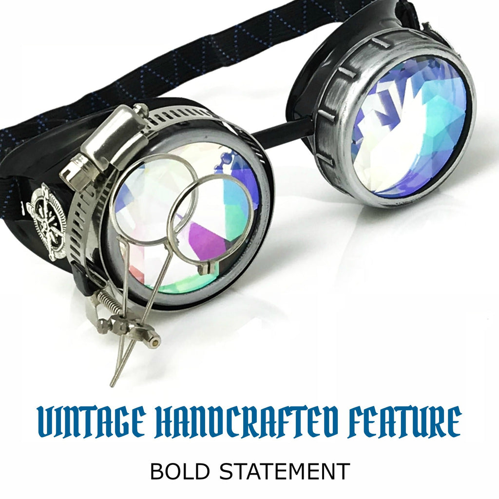 Handmade Steampunk Silver Goggles with Loupes - blue, red, green, clear, purple, black lenses