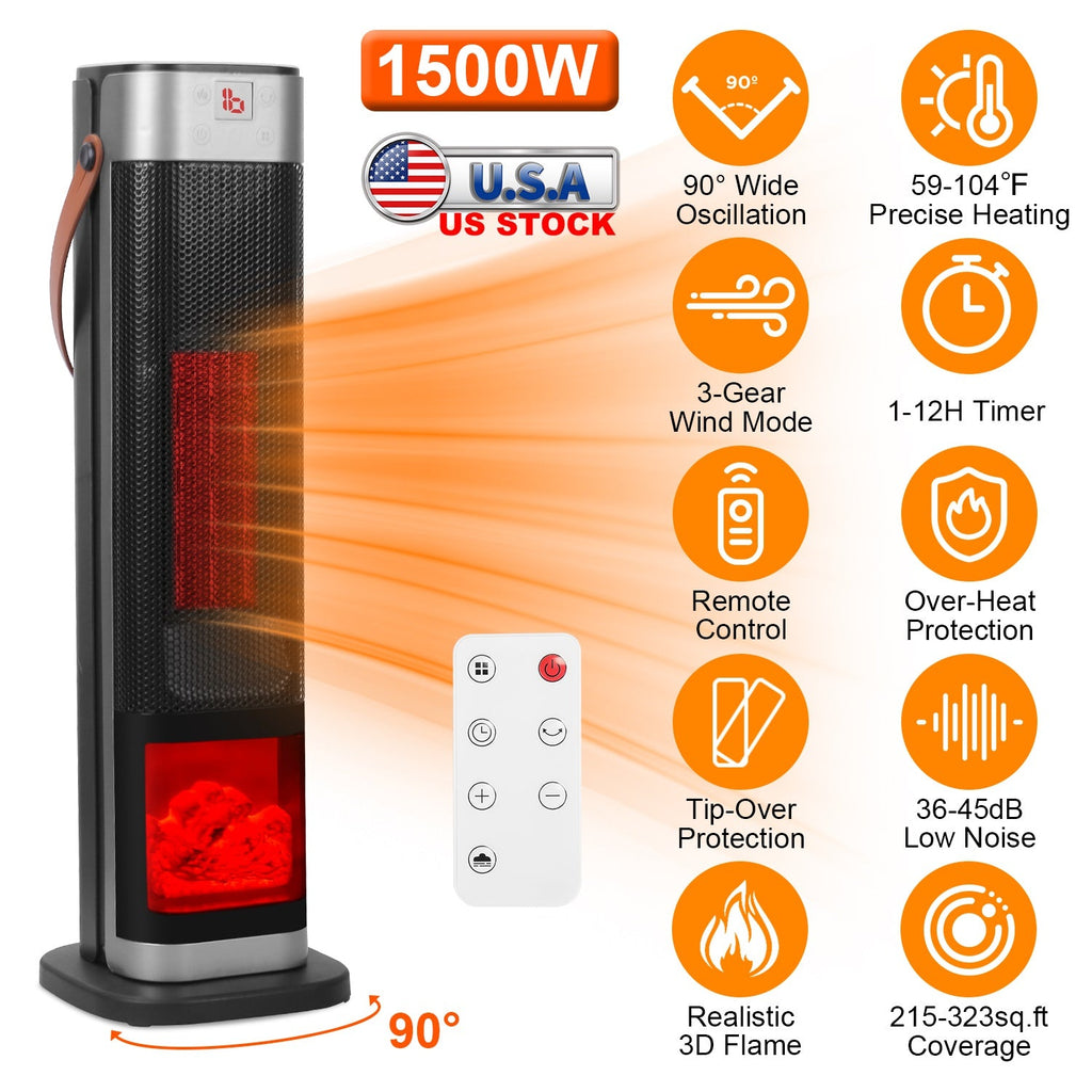1500W Oscillating Ceramic Tower Space Heater with 3D Flame Portable Electric Heater with 3 Wind Modes 59-104℉Heating Remote Control 12H Timer Overheat