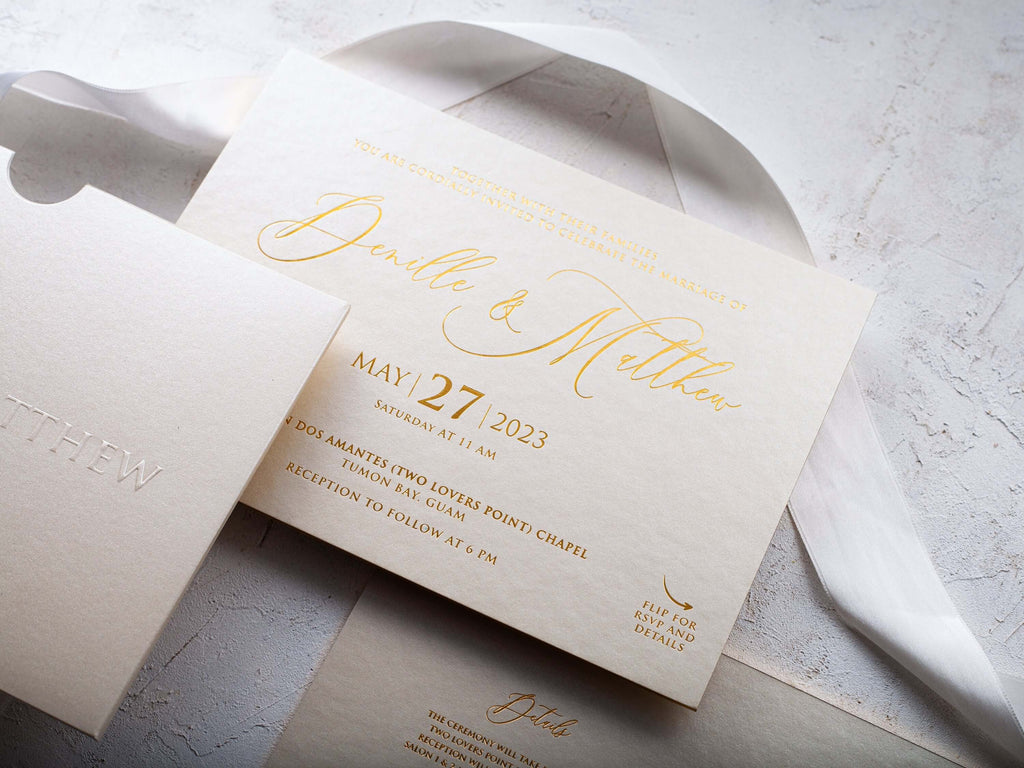 Ivory and Gold Embossed Wedding Invitations - Elegant Stationery Set