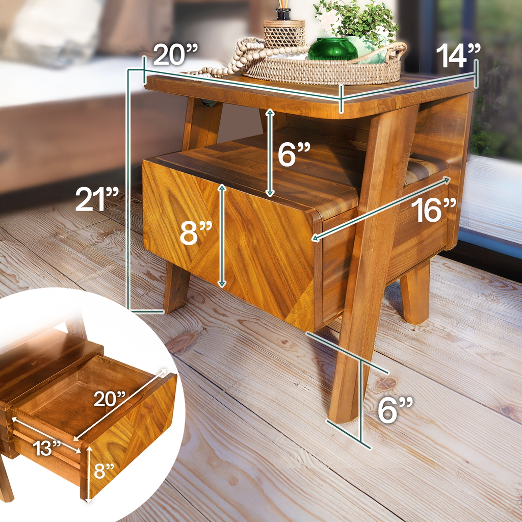 Rum Handcrafted Solid Wood Nightstand