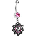 Pink Gem Rose Ring Flower Heart Dangle Belly Ring