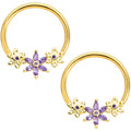 14G 5/8 Purple CZ Gold Anodized Daisy Flower BCR Nipple Ring Set