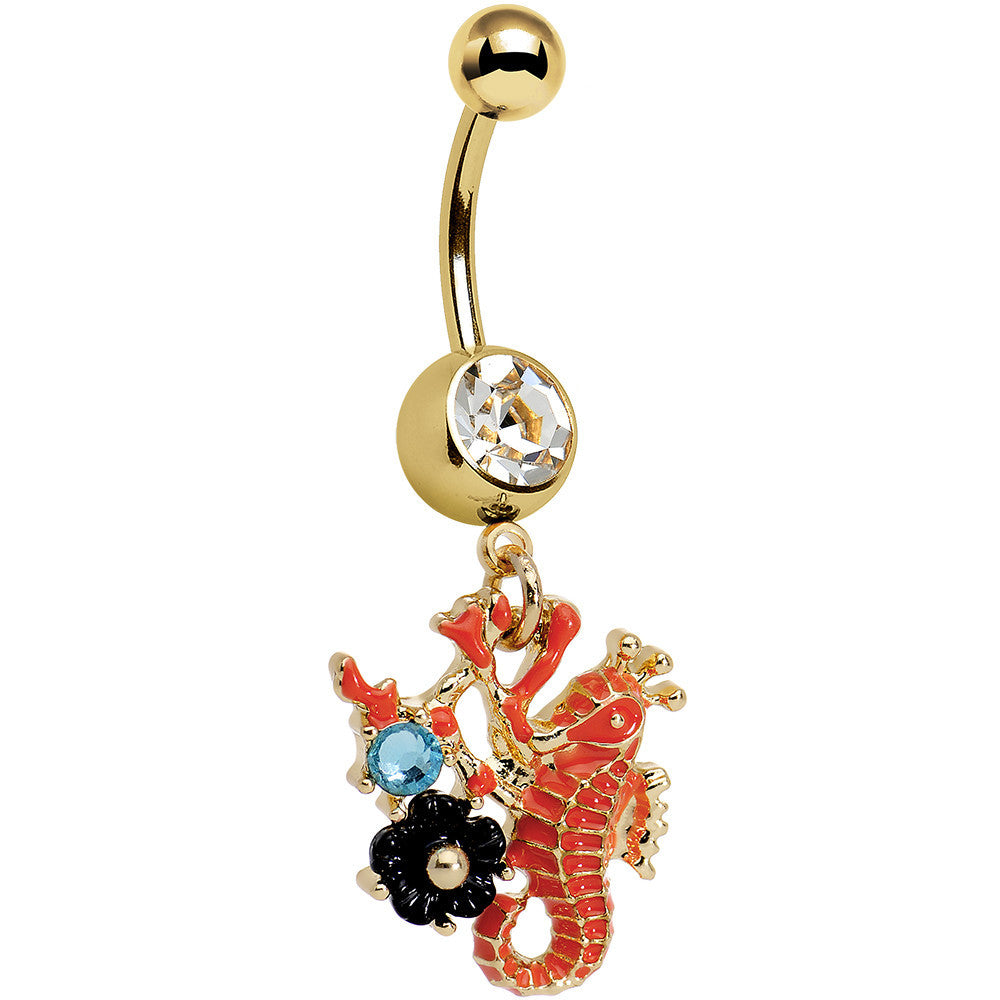 Clear Aqua Gem Gold PVD Orange Black Flower Seahorse Dangle Belly Ring