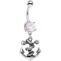 White Faux Opal Pirate Skull Nautical Anchor Dangle Belly Ring