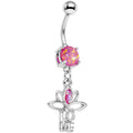 Pink Faux Opal Framework Love Lotus Flower Dangle Belly Ring
