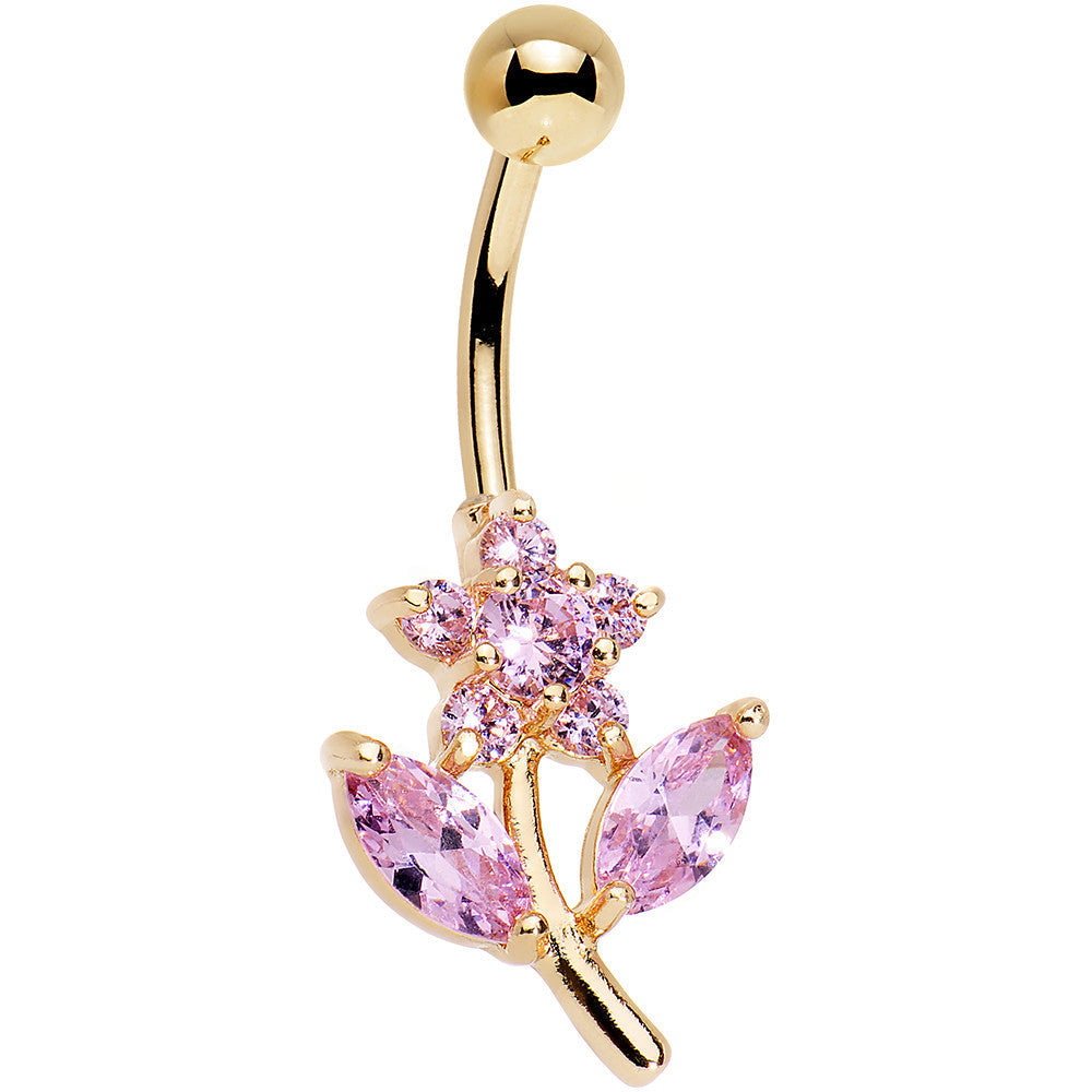 Pink Gem Gold Plated Leafy Flower Belly Ring