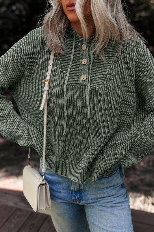 Mineral Wash Ribbed Knit Hooded Sweater