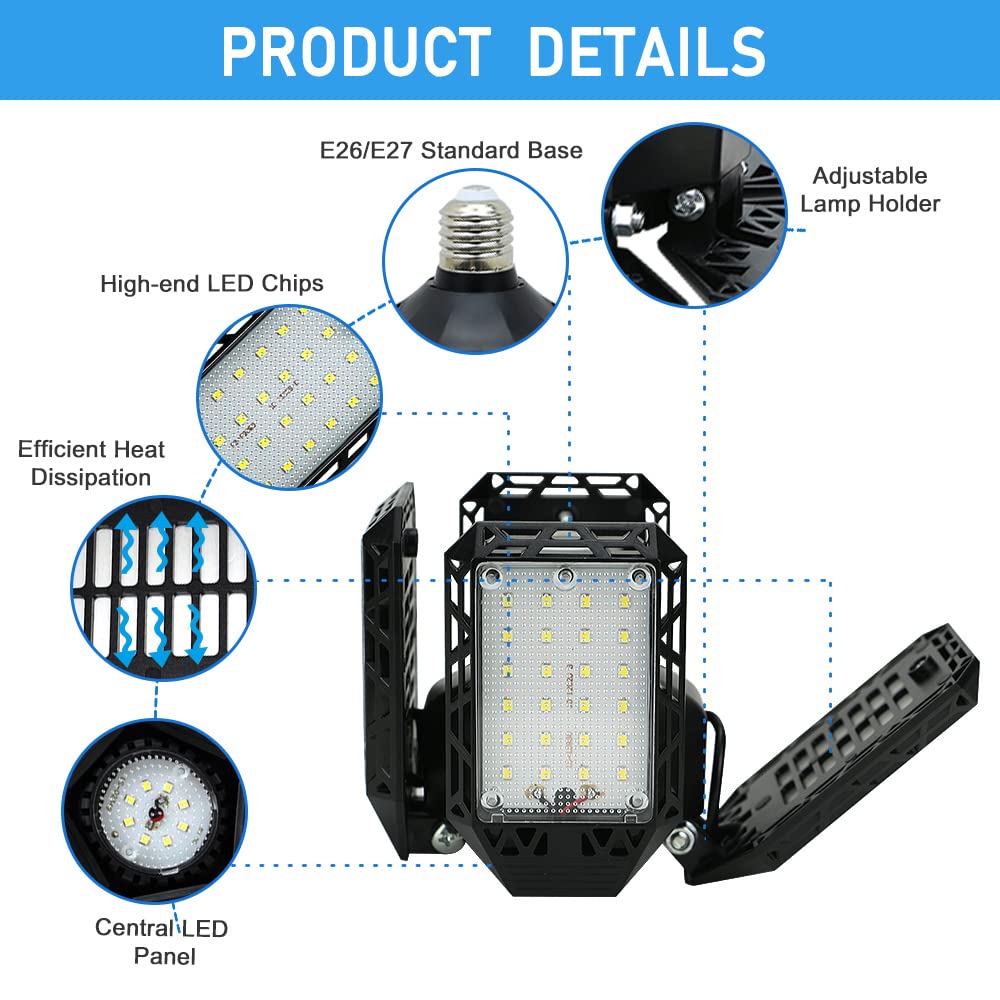 Garage Light,150W Deformable Garage Ceiling Lights,15000Lm, 4 Adjustable Panels,
