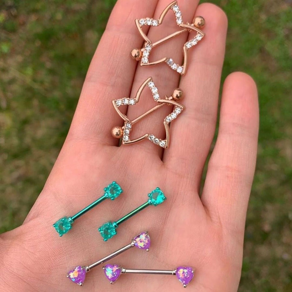 21mm Clear Gem Rose Gold Anodized Hollow Star Nipple Shield Set