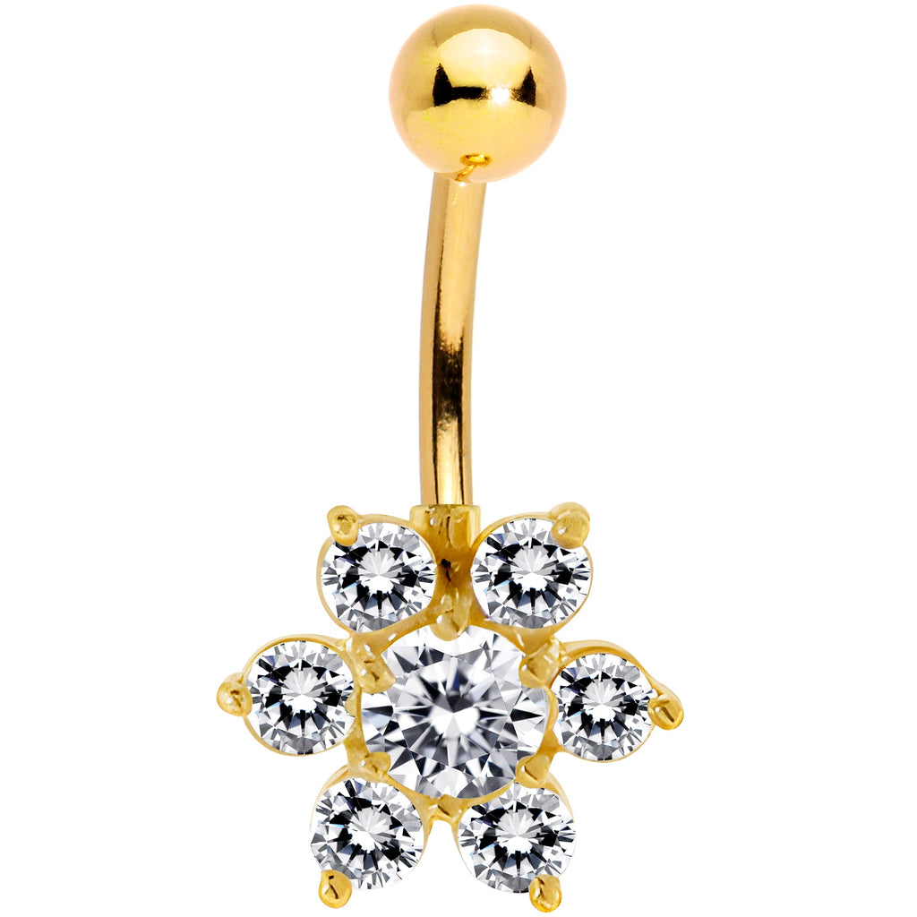 16G Solid 14K Yellow Gold CZ Flower Belly Ring