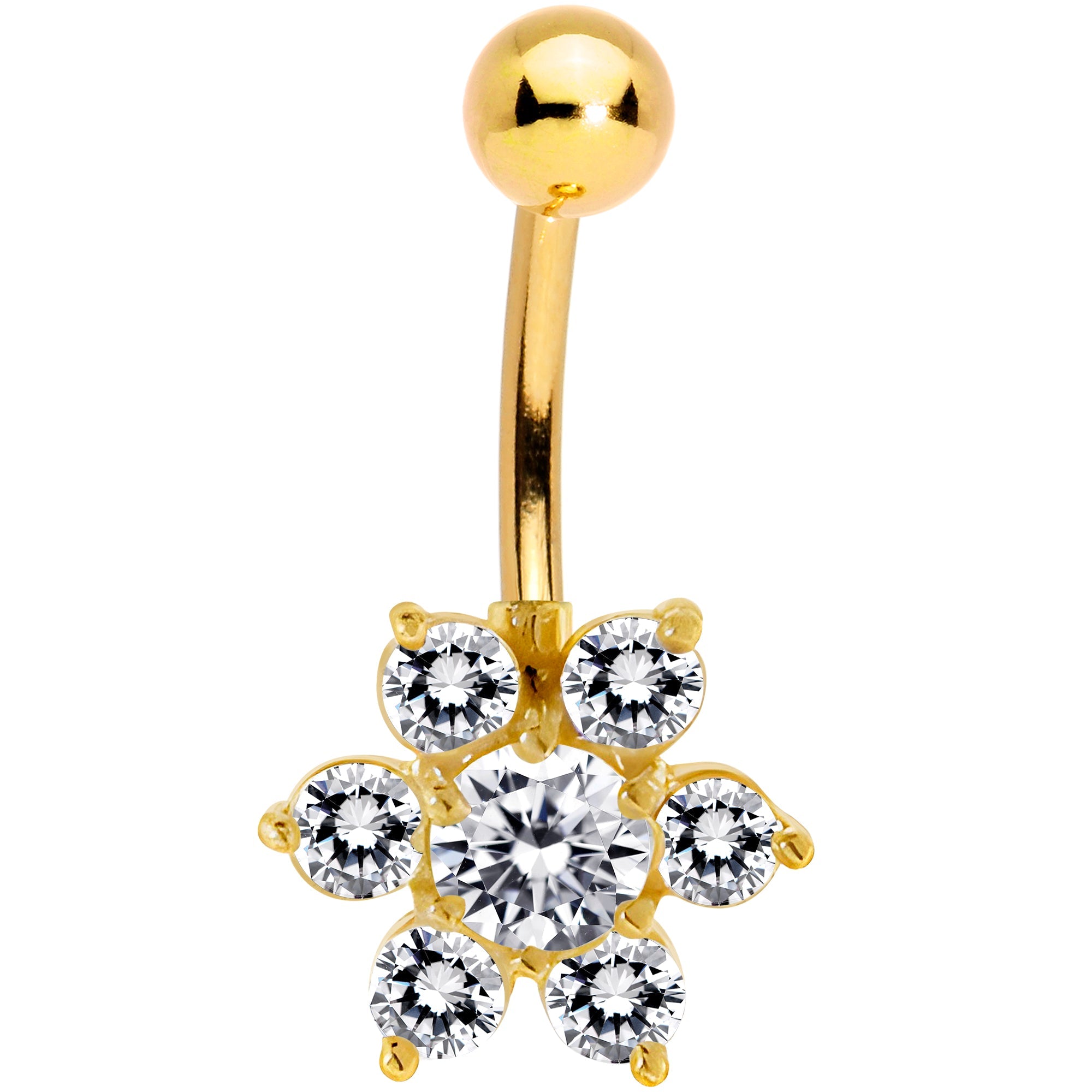 16G Solid 14K Yellow Gold CZ Flower Belly Ring
