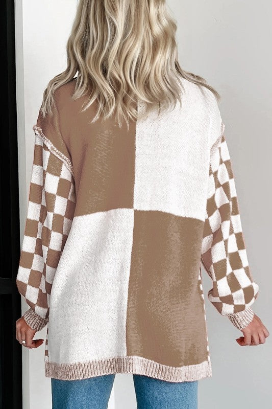 Plus Size Checker Drop Shoulder Open Front Cardiga