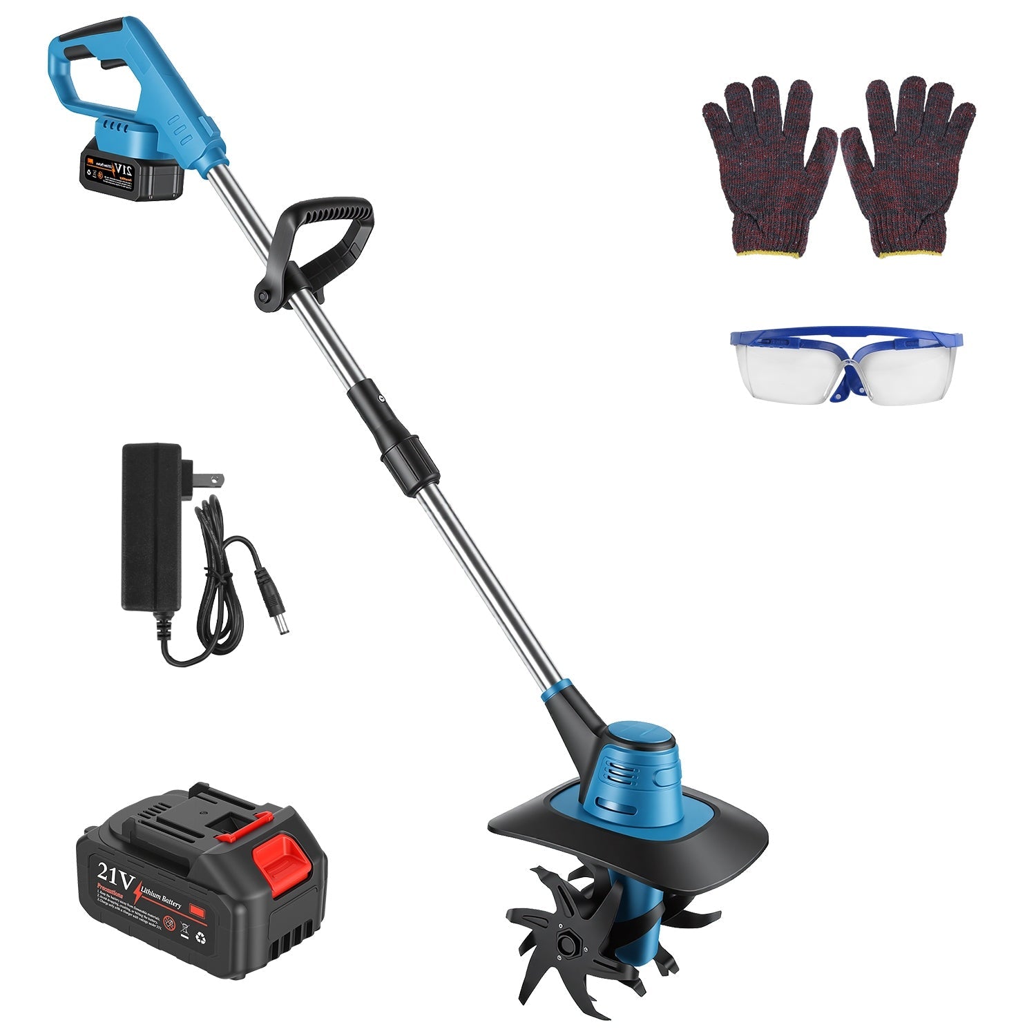 800W 21V Cordless Tiller Cultivator 3.0Ah Battery Powered Tiller with 8.66" Width 6.69" Depth Manganese Steel Tines for Soil Cultivation Weeding Garde