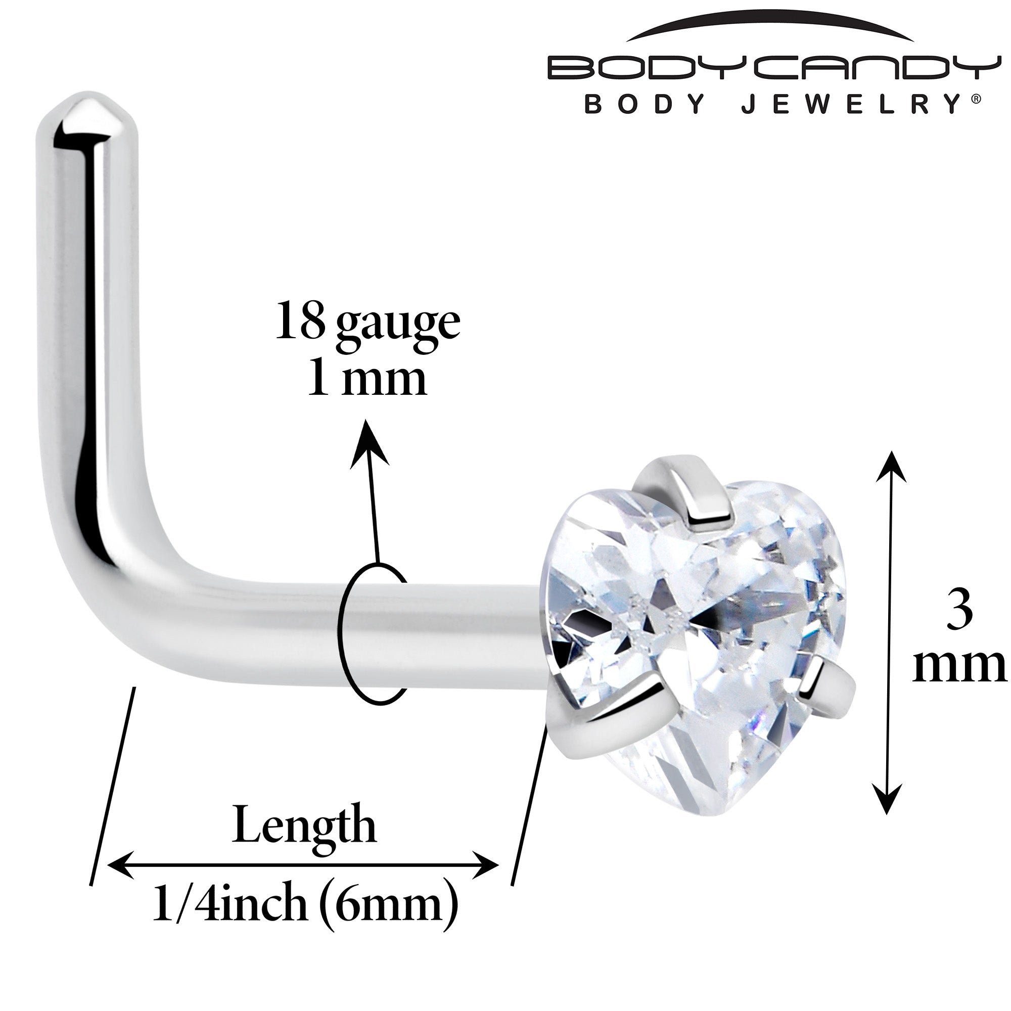 18G 1/4 Clear Heart 3mm CZ Gem Steel L-Shape Nose Ring