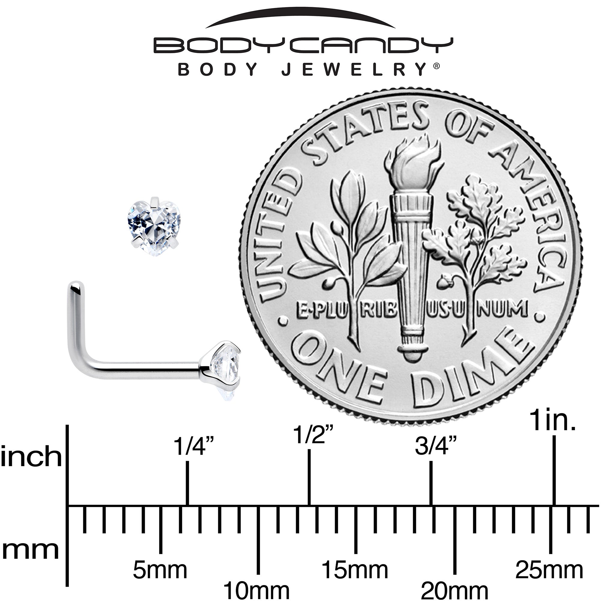 18G 1/4 Clear Heart 3mm CZ Gem Steel L-Shape Nose Ring