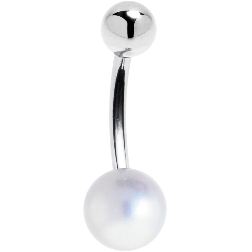 16G Solid 14K White Gold Synthetic Pearl Belly Ring