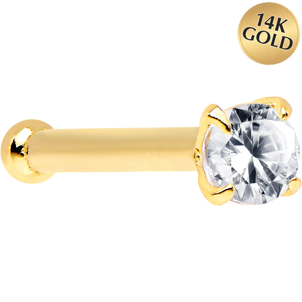 20G 1/4 14k Solid Yellow Gold Clear 2mm Cubic Zirconia Nose Bone