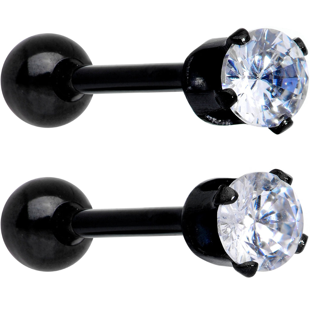 16G 3/8 Clear Gem Black Anodized Titanium Cartilage Tragus Earring 2 Pack Set