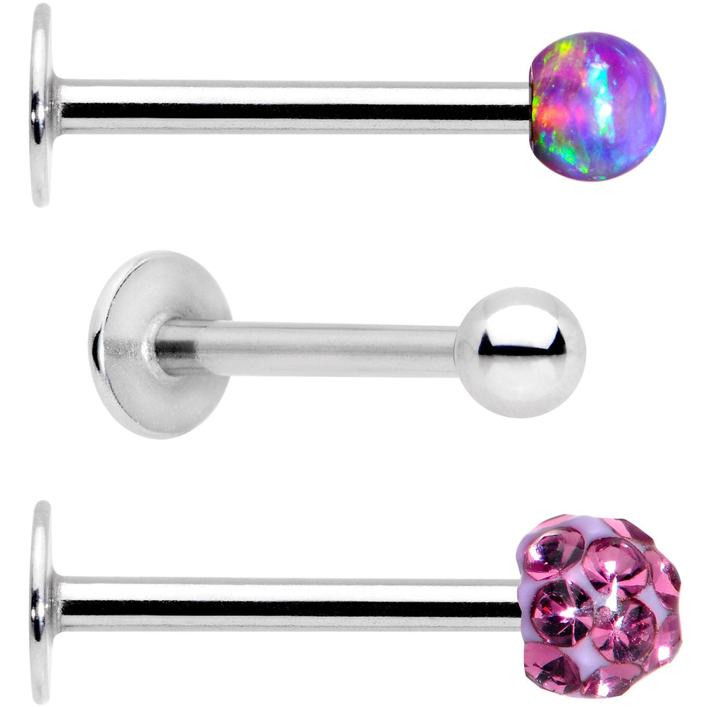 16G 3/8 Purple Faux Opal Ball Labret Monroe Tragus 3 Pack Set