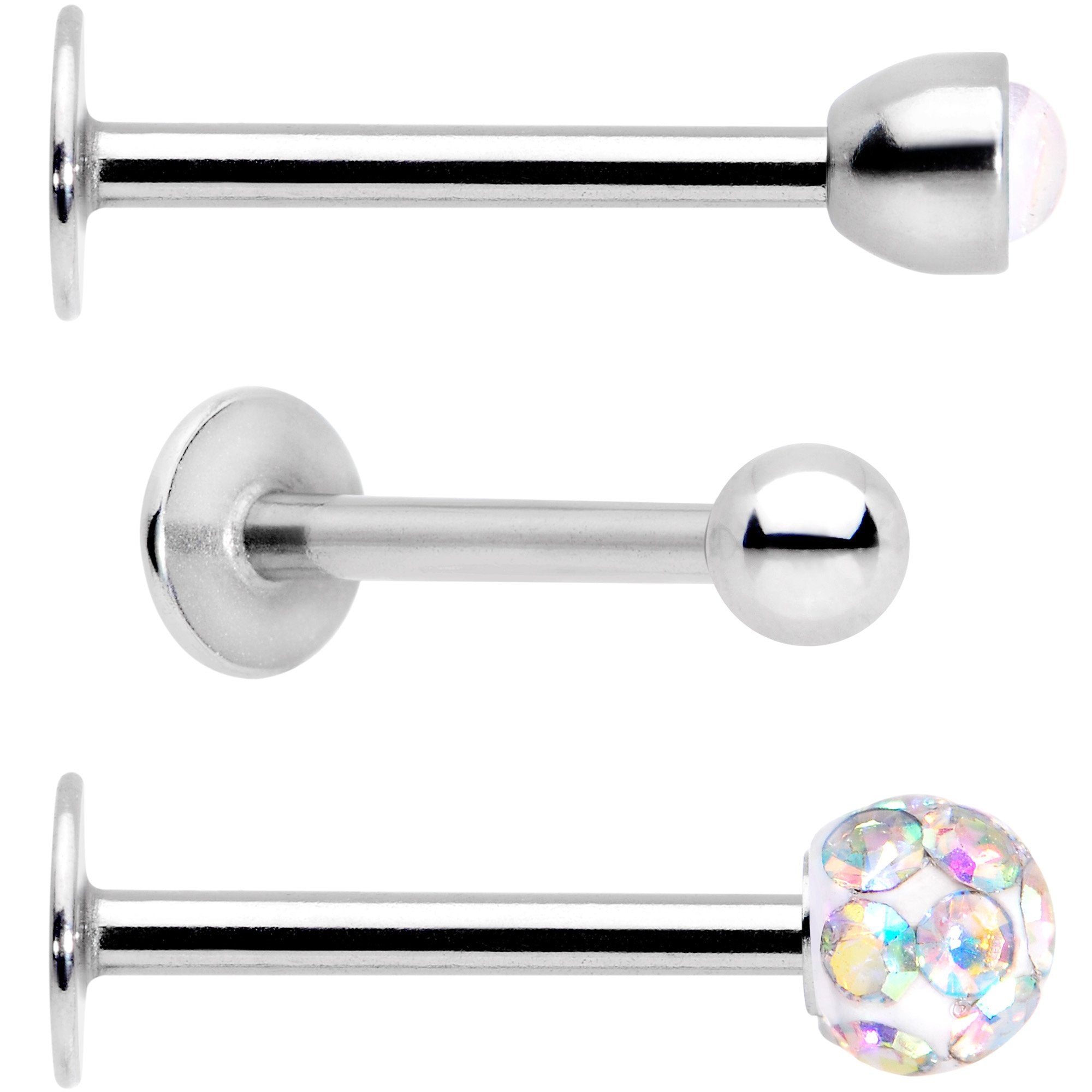 16G 3/8 Aurora Press Fit Faux Opal Labret Monroe Tragus 3 Pack Set