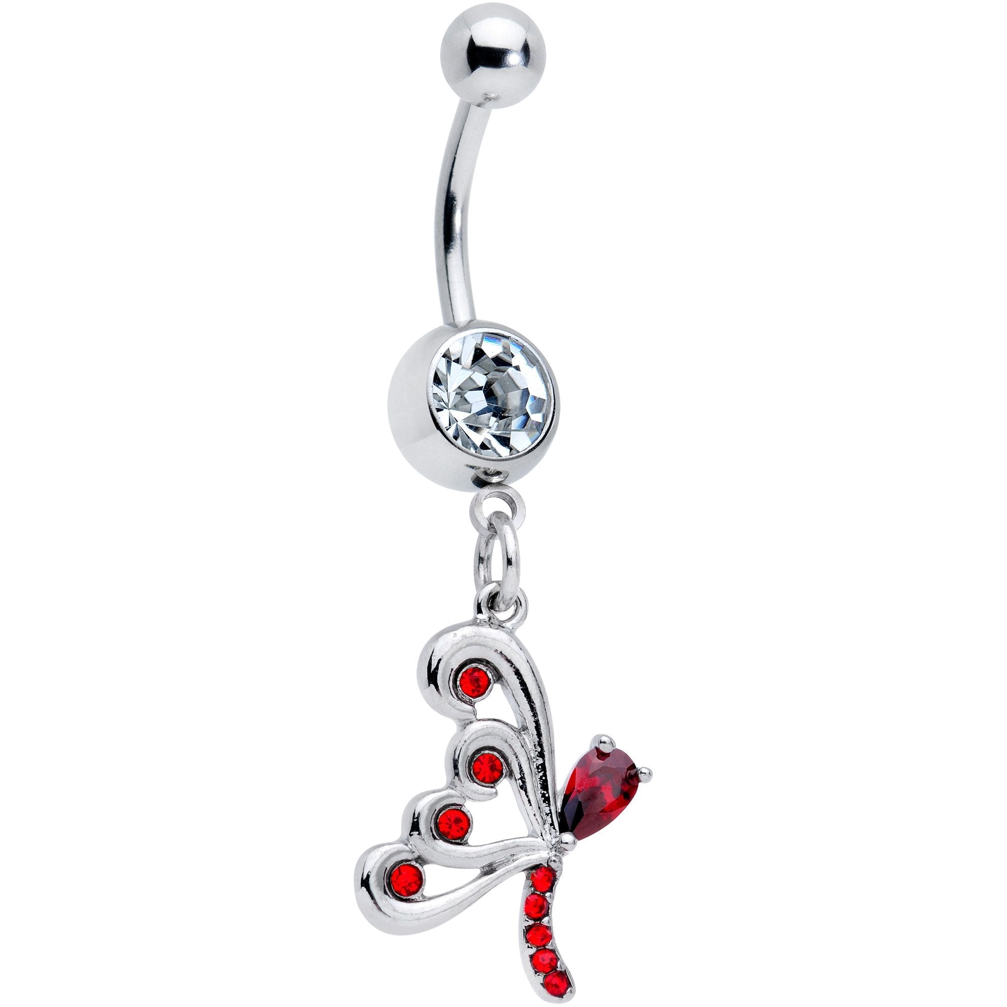 Clear Red CZ Gem Dragonfly Wings Dangle Belly Ring