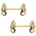 9/16 Gold Tone Anodized Rainbow Mermaid Barbell Nipple Ring Set