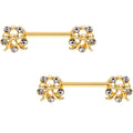 9/16 Clear Gem Gold PVD Halo Pretty Bow Barbell Nipple Ring Set