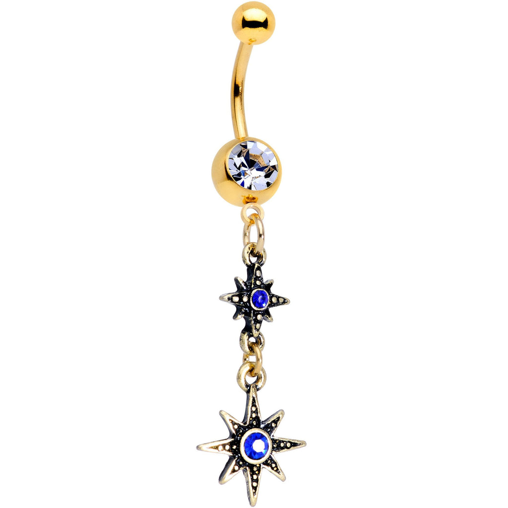 Blue Gem Gold PVD Blue Celestial Moon Star Dangle Belly Ring Set of 2