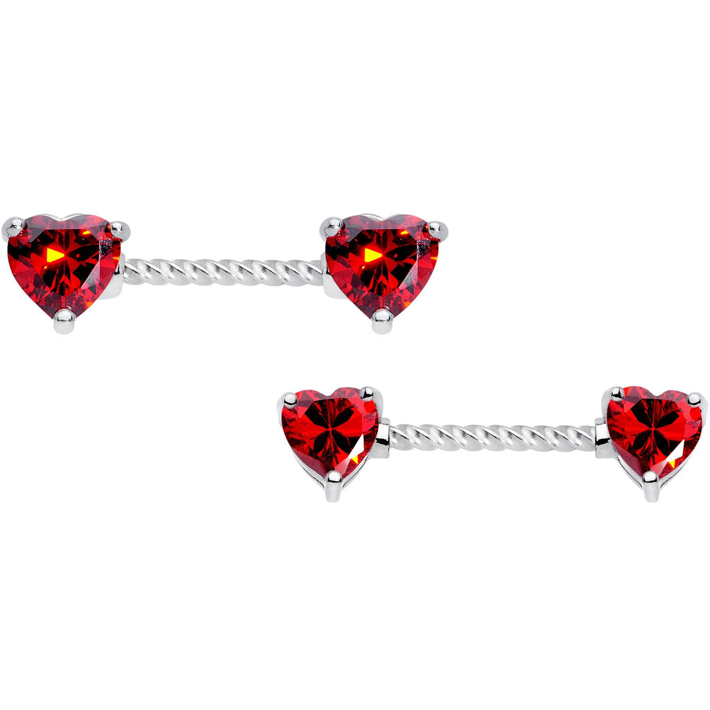14G Red CZ Gem Heart Twisted Captive Ring Barbell Nipple Ring Set
