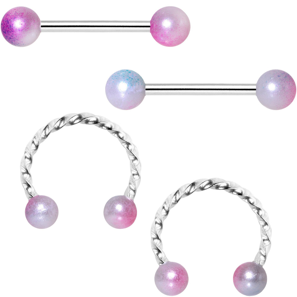 14G Pink Purple Twisted Horseshoe Barbell Nipple Ring Set