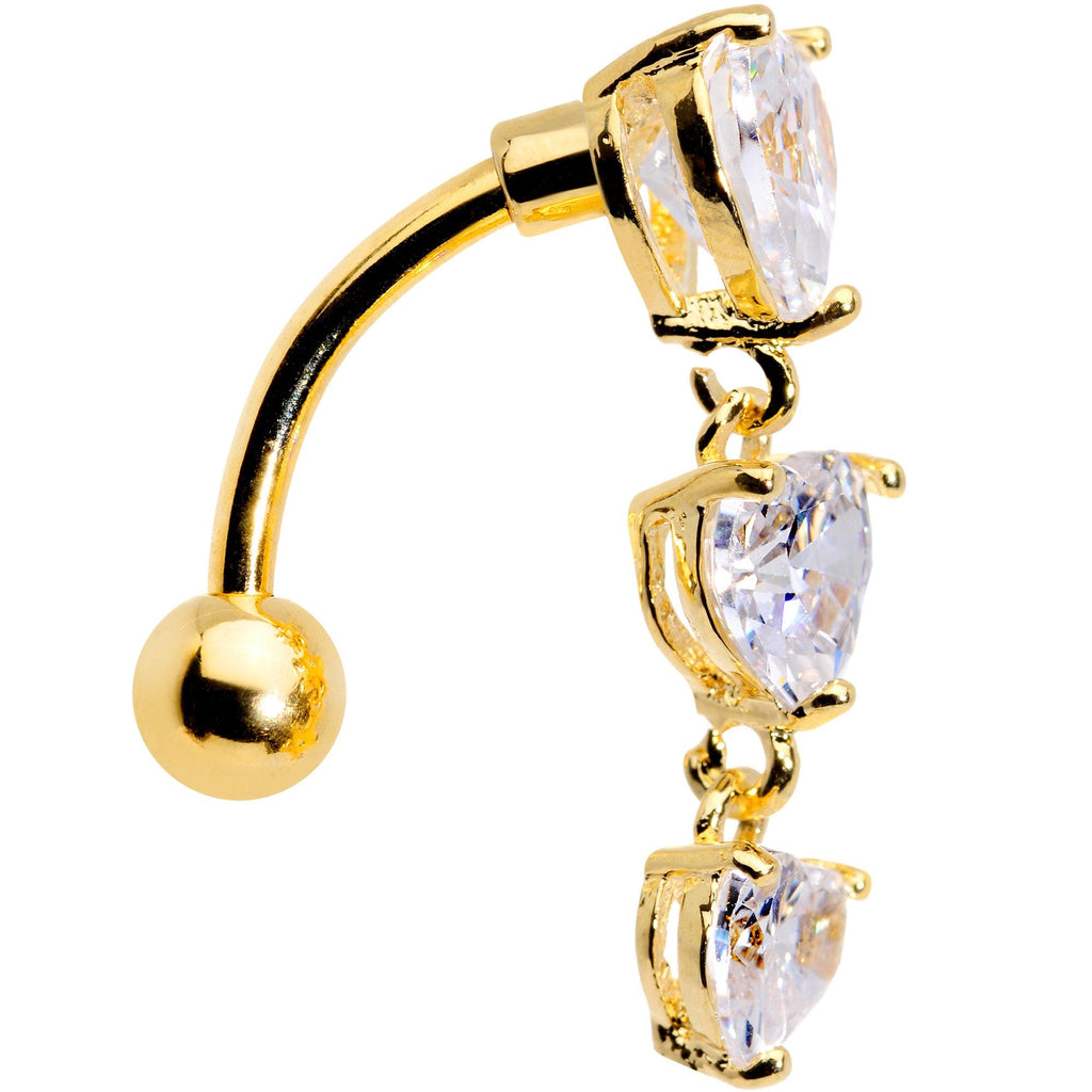 Clear CZ Gem Gold Plated Tri Heart Top Mount Dangle Belly Ring