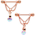 Aurora Gem Rose Gold PVD Droplet Chain Dangle Barbell Nipple Ring Set