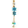 Blue Green Gem Gold PVD Double Daisy Flower Top Mount Dangle Belly Ring