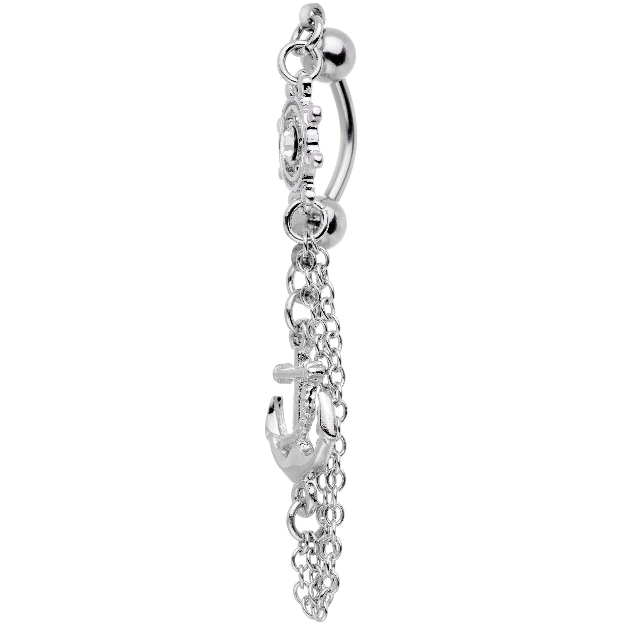 Ship Wheel and Anchor Nautical Chain Reversible Top Mount Dangle Belly Ring