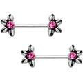 9/16 Pink CZ Blooming Flower Barbell Nipple Ring Set