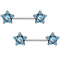9/16 Aqua Gem Encrusted Big Star Barbell Nipple Ring Set
