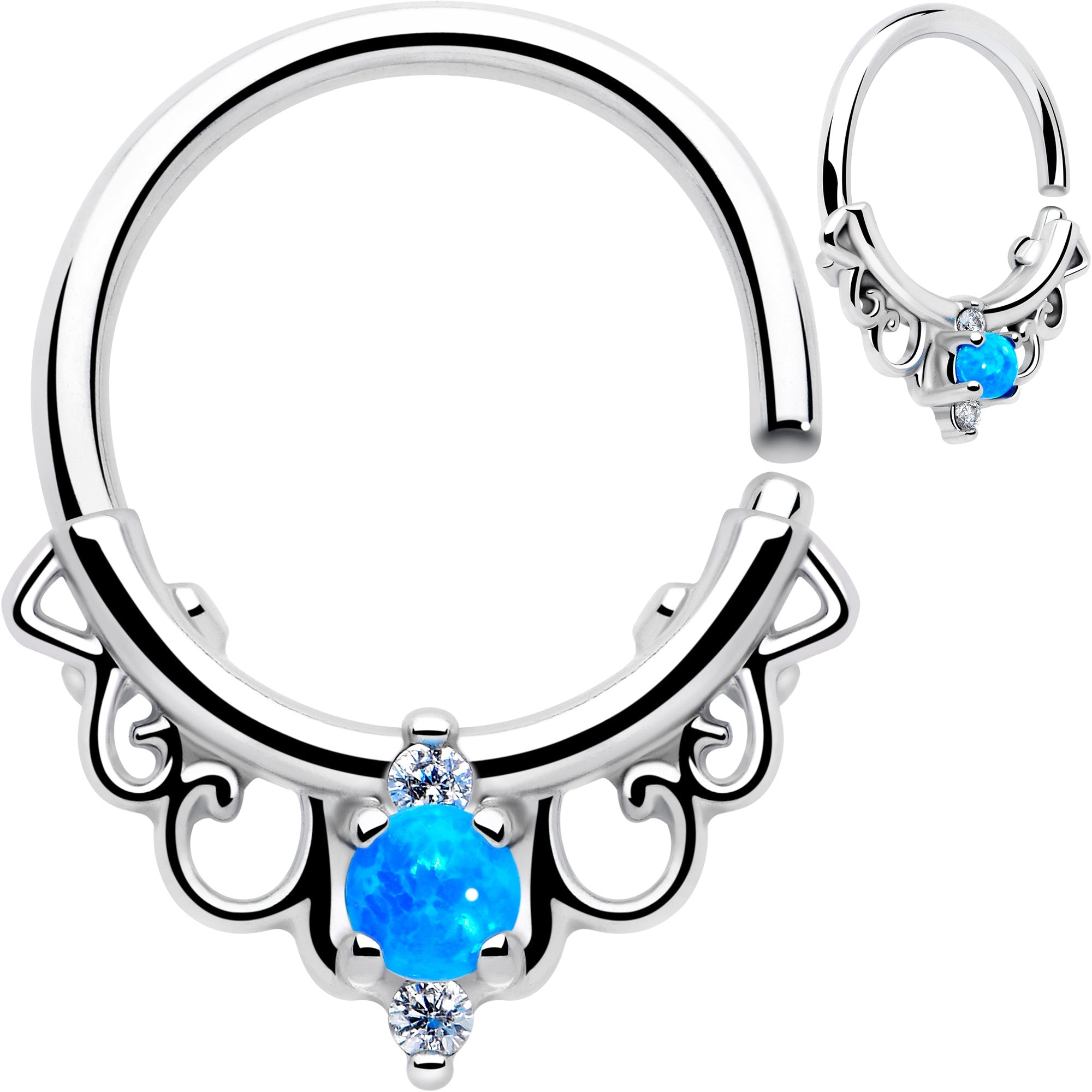 16G 3/8 Blue Synthetic Opal Filigree Seamless Circular Ring