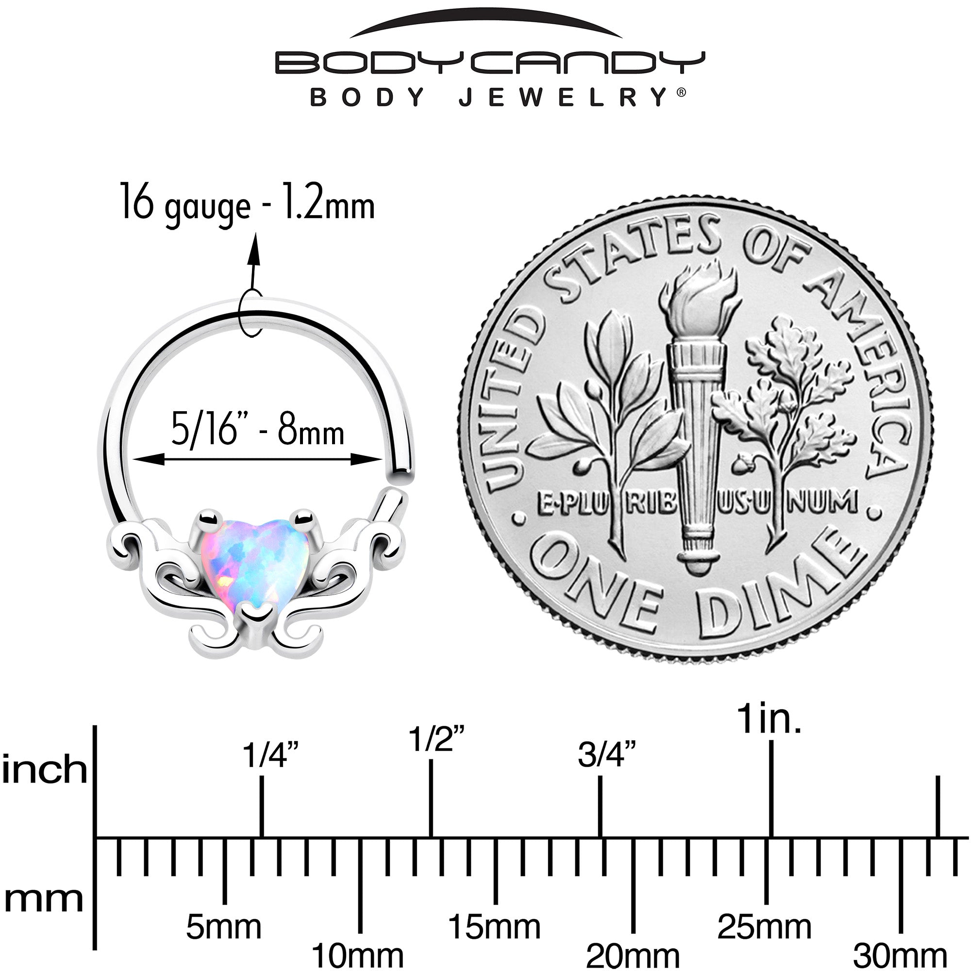 16G 5/16 White Synthetic Opal Bold Heart Seamless Circular Ring