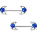 9/16 Blue Gem Hollow Moon Barbell Nipple Ring Set