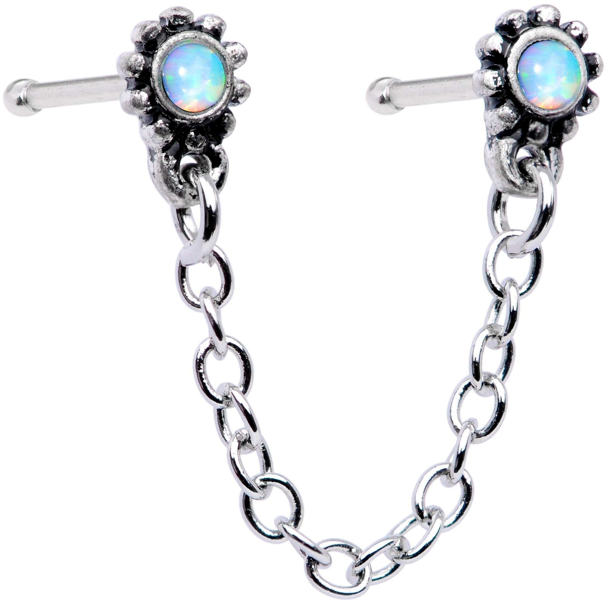20G 1/4 White Synthetic Opal Chain Dangle Double Nose Bone