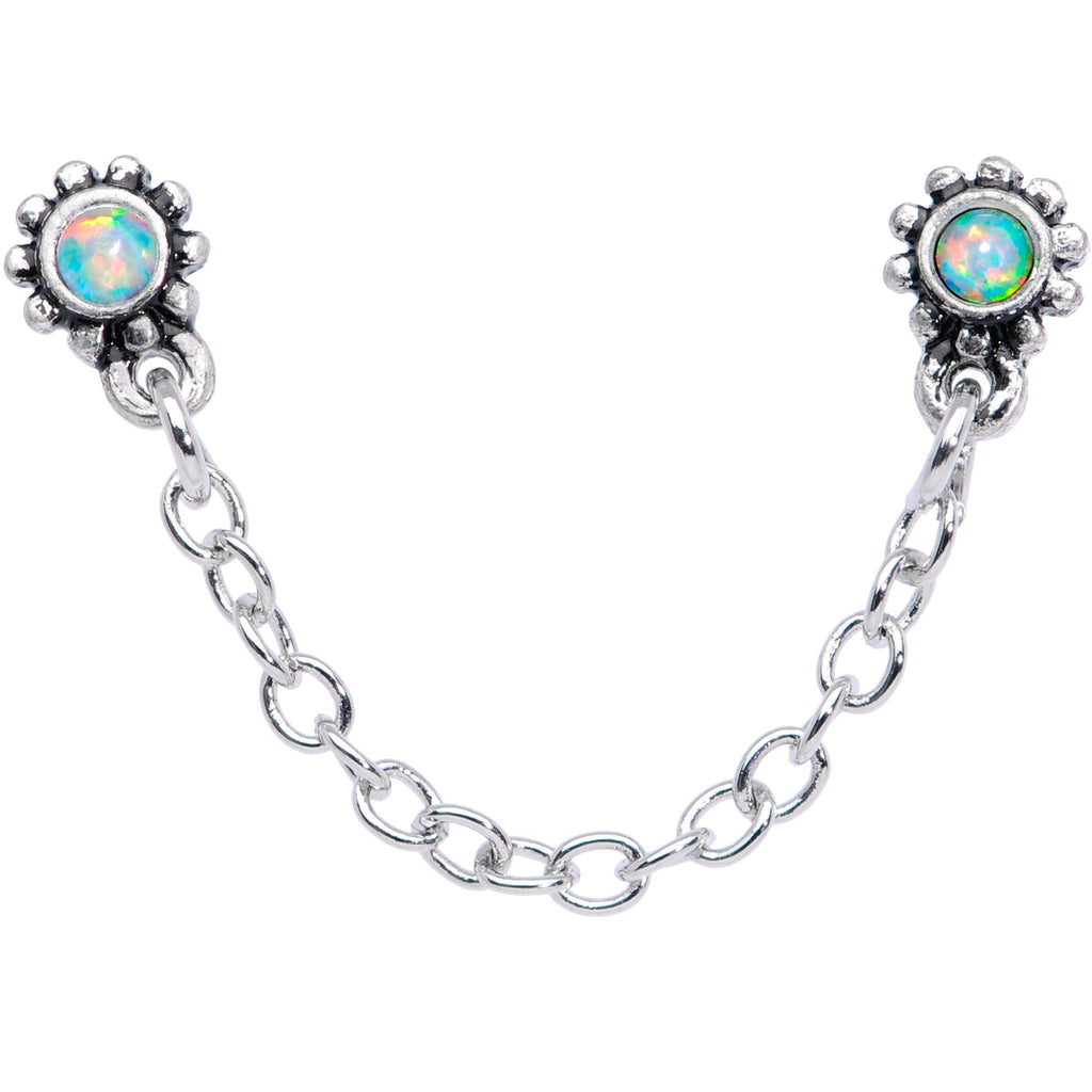 20G 1/4 White Synthetic Opal Chain Dangle Double Nose Bone