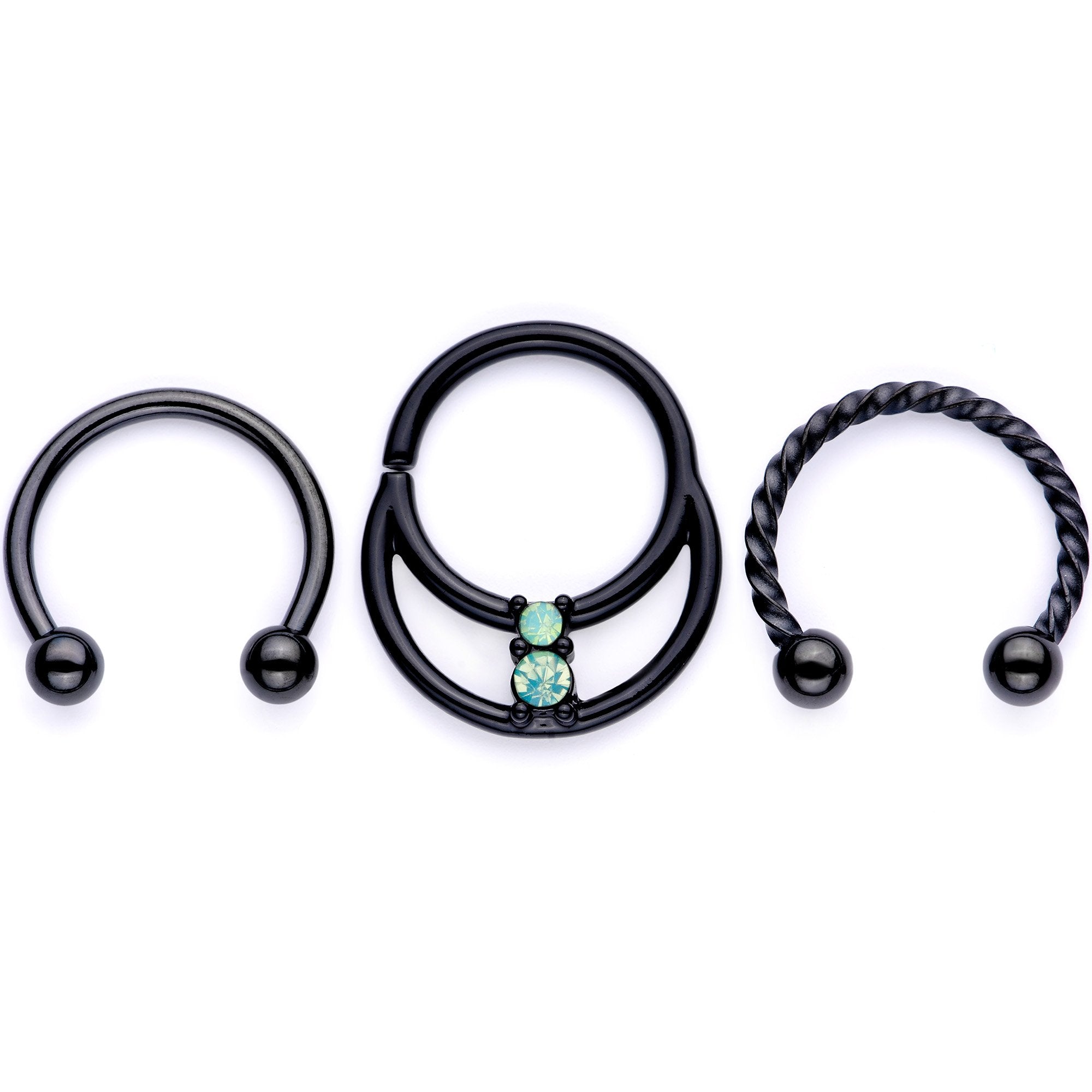 16G 3/8 Teal Faux Opal Black Anodized Horseshoe Closure Ring Set