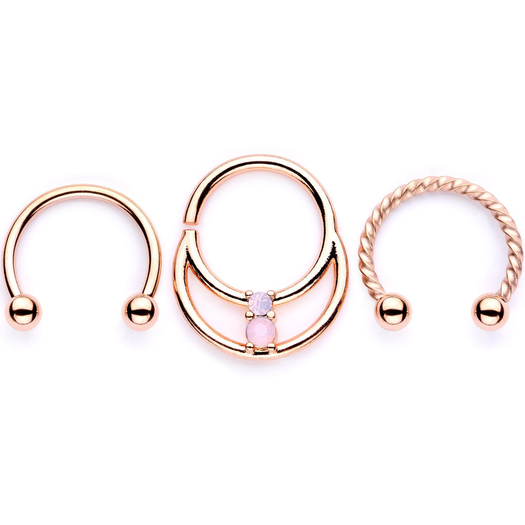 16G 3/8 Pink Faux Opal Rose Gold Tone Horseshoe Closure Ring Set