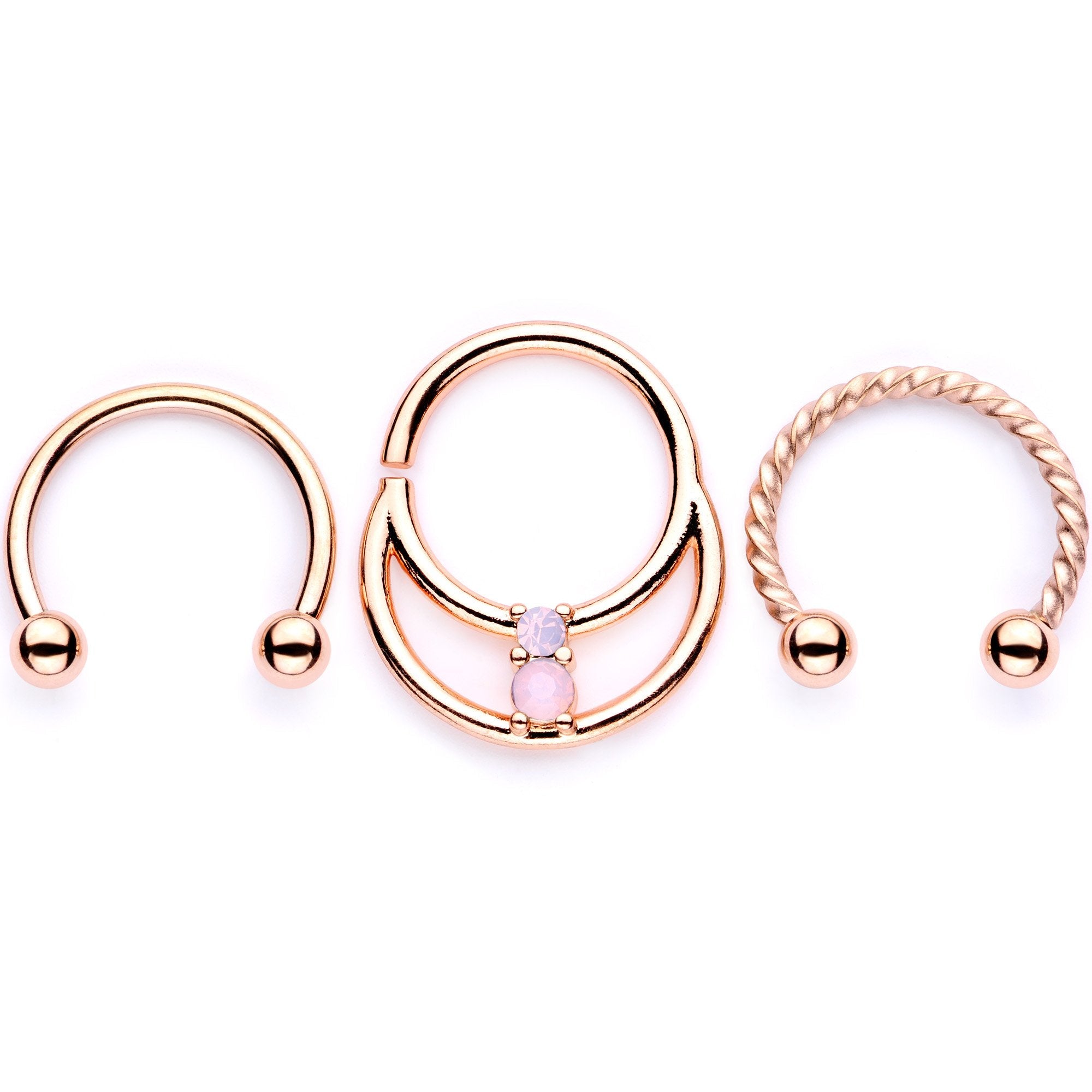 16G 3/8 Pink Faux Opal Rose Gold Tone Horseshoe Closure Ring Set